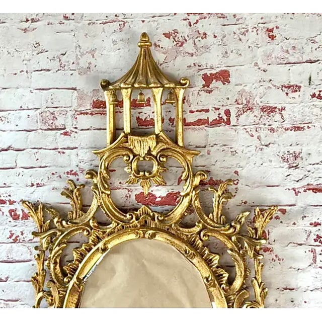 Chinese Chippendale Style Oval Giltwood Pagoda Wall Mirror For Sale - Image 4 of 11