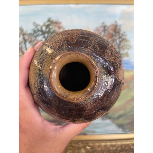 Brown Studio Pottery Vase by Nelson With Incised Geometric Motifs and Earthy Glaze. For Sale - Image 8 of 9