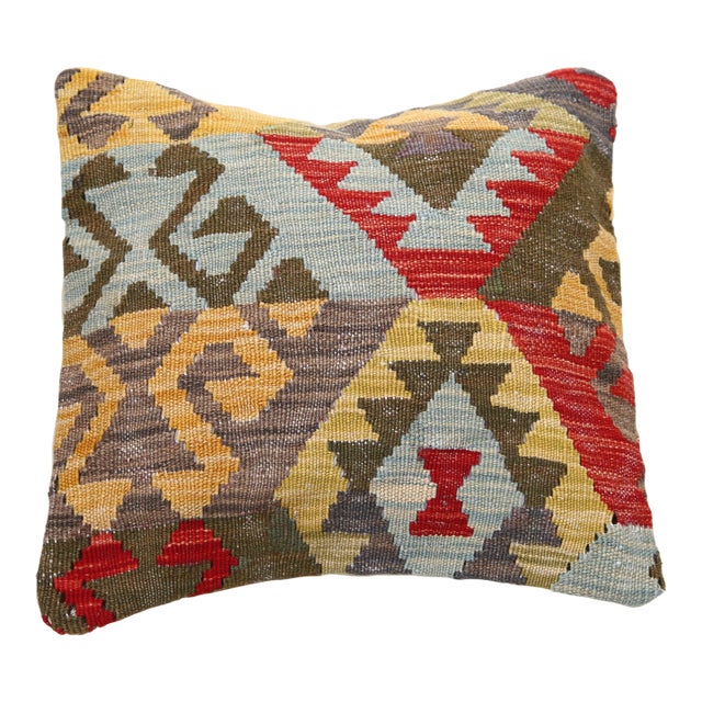 Arteverk Handwoven Afghan Kilim Pillow — Red & Gold Geometric Patchwork For Sale