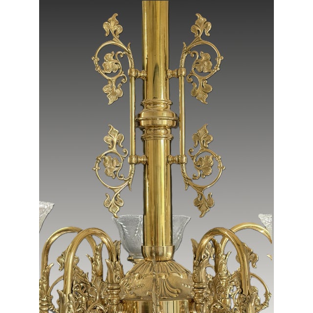 Vintage Brass 2-Up 2-Down Chandelier, Etched Glass Shades, Victorian Revival Lighting Fixture For Sale - Image 12 of 18
