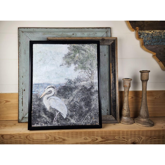 Great Blue Heron mid-stride, bayside with muted green tree and underbrush. On Jute and Plaster. Milk and chalk paint....