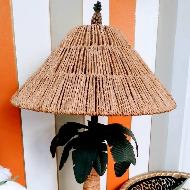 A Tropical Palm Beach Regency Metal Seagrass Shades Palm Tree Table Lamps A Pair Chairish