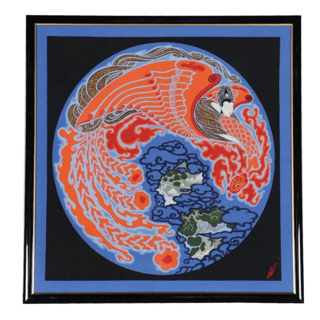Roman de Tirtoff, Also know as Erte’, frames silk scarf titled “Dream Voyage”. Gloss black lacquer frame with plexiglass...
