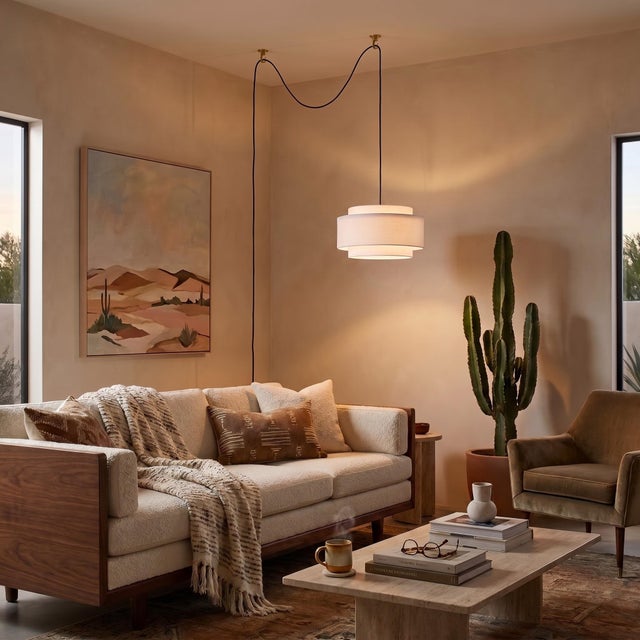Nova Coronado Stretch Swag Lamp - White Linen Shade, Weathered Brass, Inline Dimmer For Sale - Image 4 of 8