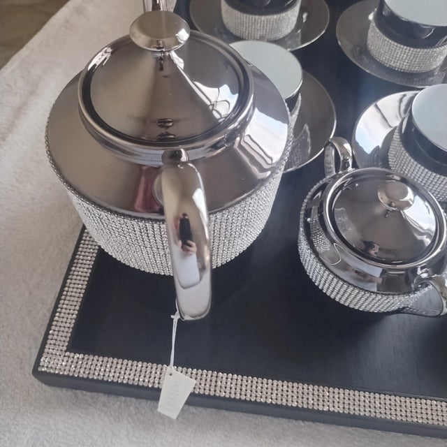 Sophie Villepigue, Paris Limoges Platinum Porcelain Swarovski Paved Tea Pot Creamer Sugar & Cups + Tray 12 Pieces For Sale In Dallas - Image 6 of 17