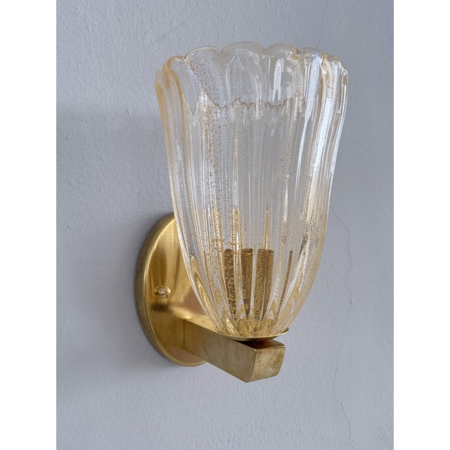 Italian Art Deco Style Brass and Murano Glass Wall Sconces, 1990s, Set of 2 For Sale - Image 9 of 16