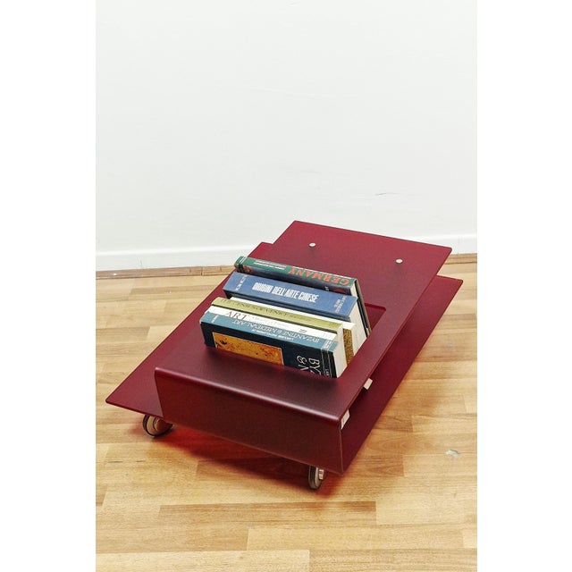 Postmodern Italian Coffee Table in Burgundy Acrylic Glass and Chrome Wheels, 1990s For Sale - Image 3 of 14