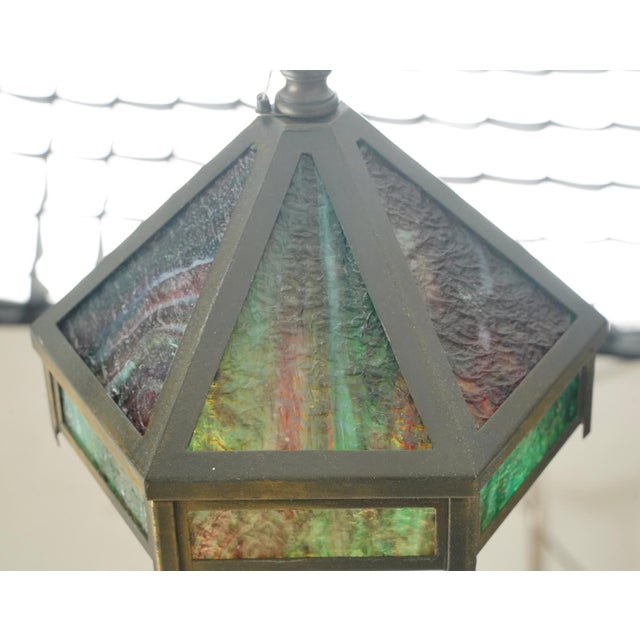 Arts & Crafts Mid 20th Century Arts & Crafts Green Slag Glass Hexagonal Pendant Light - R291935 For Sale - Image 3 of 8
