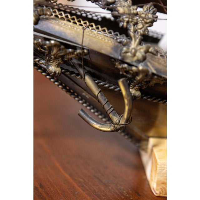 Wood Mid 20th Century Venetian Brass Four-Masted Model Ship with Detailed Décor, Mounted on Base For Sale - Image 7 of 9