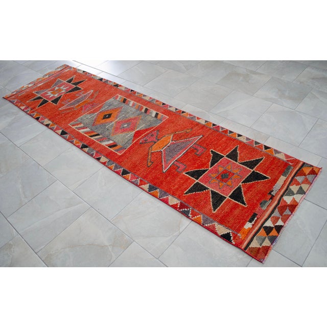Terra Cotta 3x10 Ft Vintage Hand-Knotted Tribal Hallway Decor Ancient Alien Motif Rug for Hallway Kitchen Decor Turkish Rug Runner For Sale - Image 8 of 15