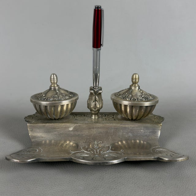 Vintage Silver-Plated Metal Double Desk Inkwell with Pen Rest, 1900s For Sale - Image 11 of 11