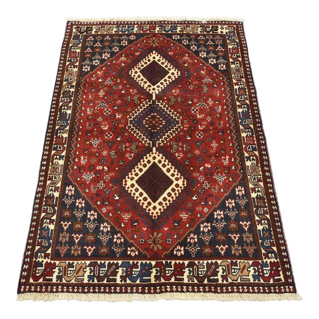 Yalameh Rug 3'5'' X 5'1'' Red Wool Vintage Tribal Hand-Knotted Oriental Carpet For Sale