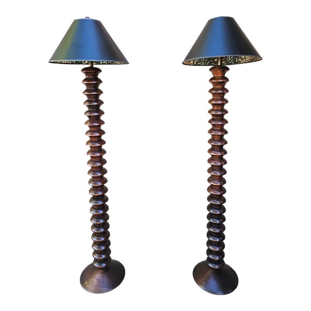 Sculptural Turned Wood Floor Lamps – Vintage Tyndale Chicago Pair, Monumental All-Wood For Sale