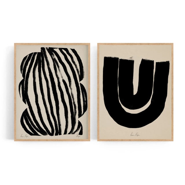 Set of 2 abstract open edition giclee prints. 20"x28" Elegant and bold black geometrical forms drawing on beige...