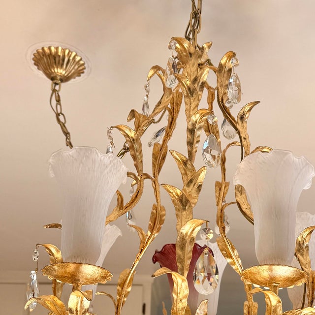 Victorian 1950s Florentine Hand Gilt 6 Light Vintage Toleware Chandelier With Shades, Crystals and Floral Glass Drops For Sale - Image 3 of 8