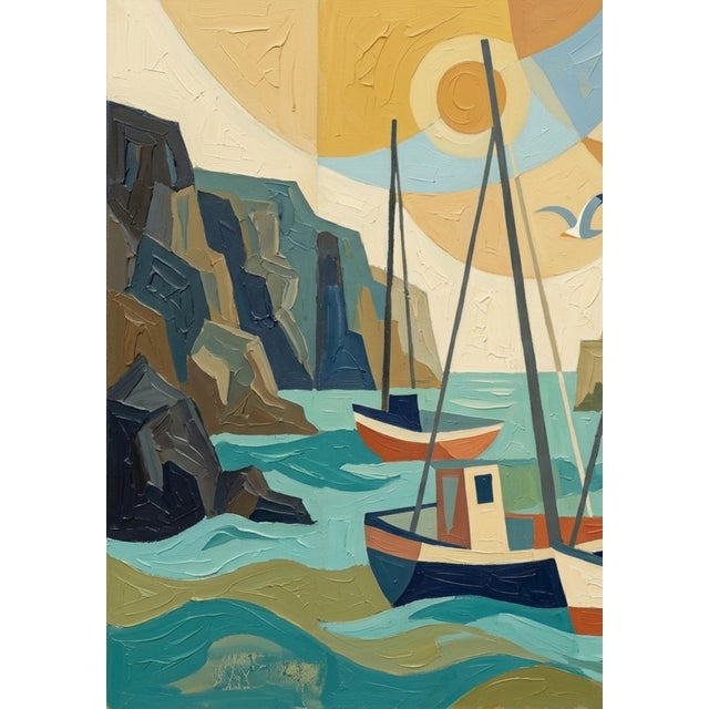 Colorful Harbor Boats Painting, Coastal Abstract Art Print, 36″ × 24″ For Sale - Image 4 of 7