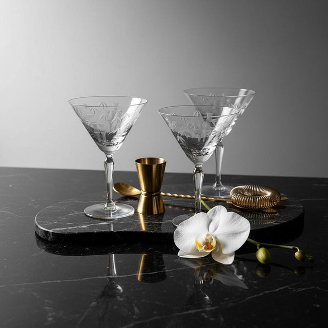 Mid 20th Century Mid Century Modern Sasaki Noritake Bamboo Etched Crystal Martini Cocktail Stemmed Glasses - Set 3 For Sale - Image 6 of 10