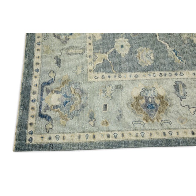Modern Early 21st Century Blue Floral Design Handwoven Wool Turkish Oushak Rug 4'11" X 6'7" For Sale - Image 3 of 7