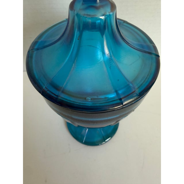 Early 20th Century Iridescent Peacock Blue Lidded Pedestal Candy Jar, Attributed to Fenton For Sale - Image 10 of 11