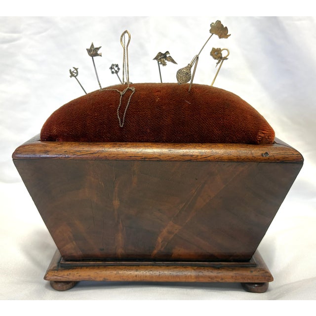 Shabby Chic 19th Century Antique Rosewood Sewing Box With Velvet Top and Assorted Pins For Sale - Image 3 of 18