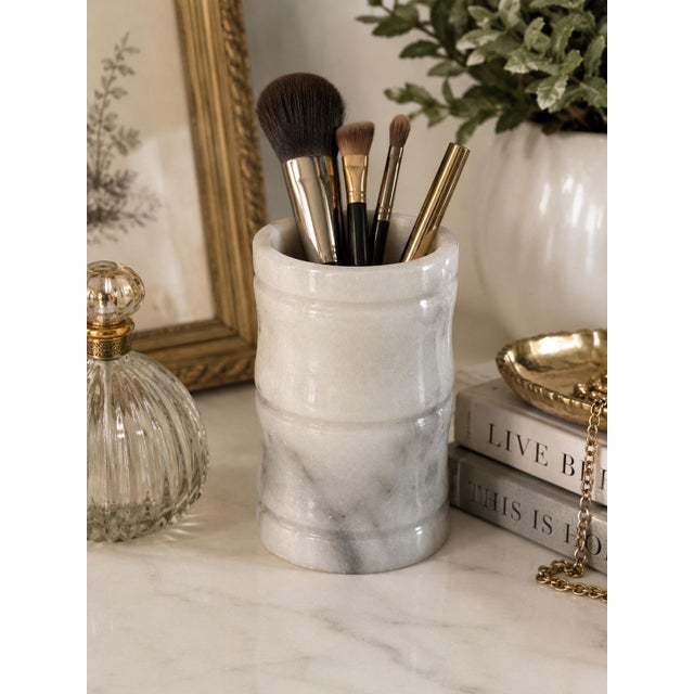 Vintage heavy solid marble vessel crafted from creamy white stone with subtle natural gray veining and a smooth polished...