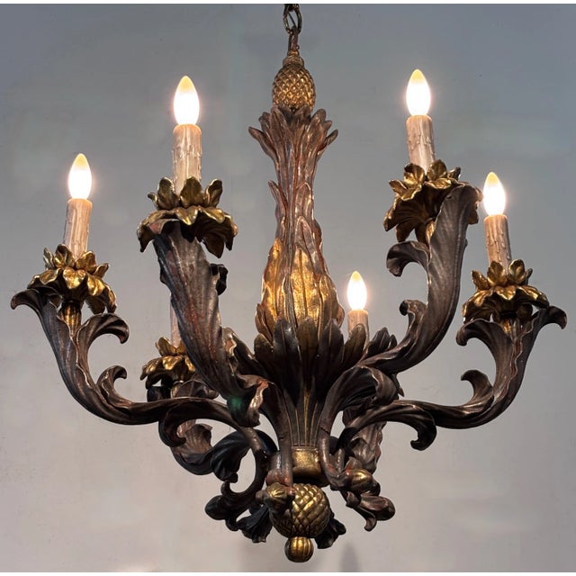 Gold Mid 20th Century Italian Rococo Style Gilt Wood Chandelier For Sale - Image 8 of 9