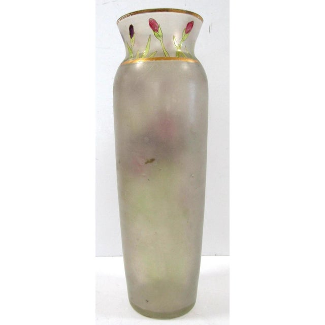 Glass Vintage Mont Joye Legras Hand Painted Iris Flower Frosted Glass Vase For Sale - Image 7 of 11