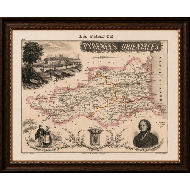 Title: Antique Map of Pyrénées-Orientales by Vuillemin, circa 1850 : Original antique decorative map of the French...