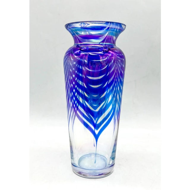 Glass Iridescent Cobalt Blue Pulled Feather Glass Vase For Sale - Image 7 of 9