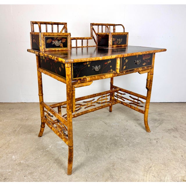 Chinoiserie Aesthetic Movement Chinoiserie Bamboo & Black Lacquer Writing Desk, 20th Century For Sale - Image 3 of 12