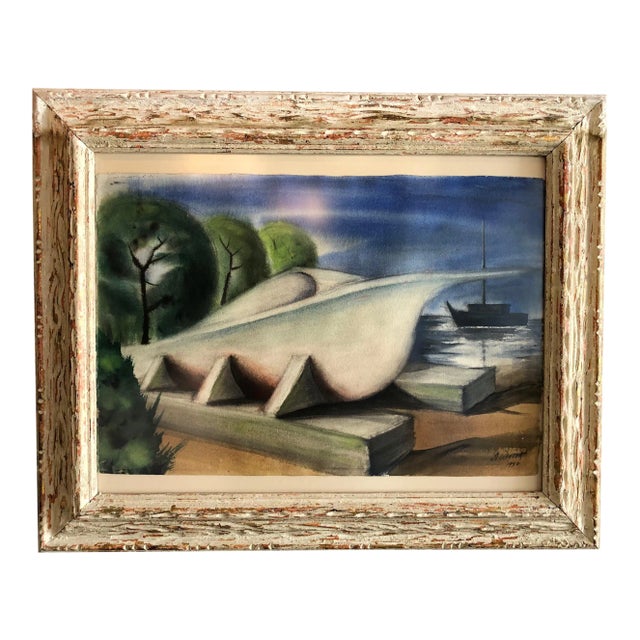 Vintage 1950 Wpa Style Pastel Painting of a Ship For Sale