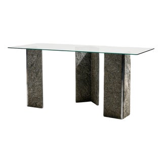 Glass and Slate Stone Console Table, 1980s For Sale