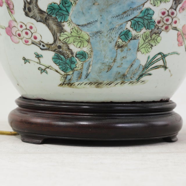 White Antique Famille Rose Porcelain Vase Lamp With Birds on Flowering Plum Branches and Rockery For Sale - Image 8 of 14