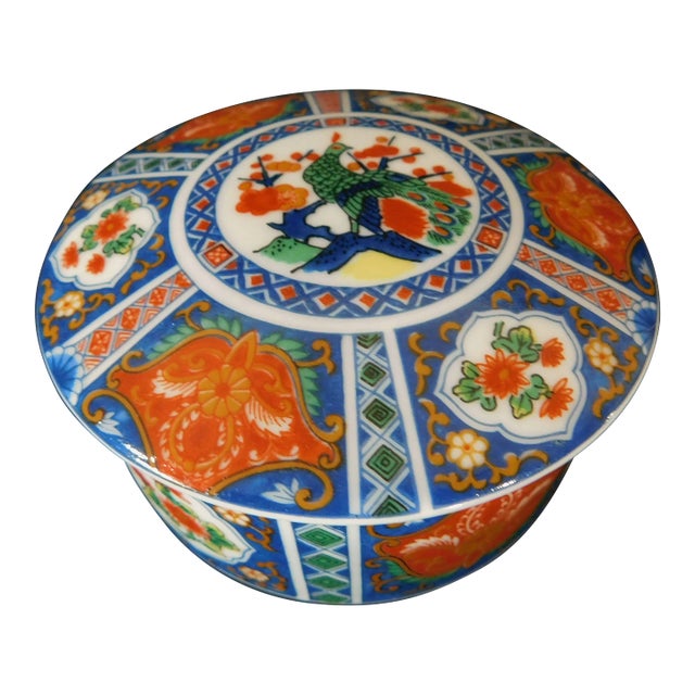 Vintage Chinese Hand Painted Red & Blue Peacock Floral Round Porcelain Trinket Dresser Box For Sale
