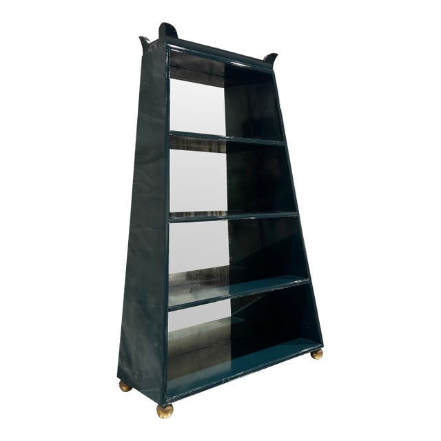 Custom Designer High Gloss Green Lacquered and Aged Mirror Backed Pagoda Form Display Etagere For Sale