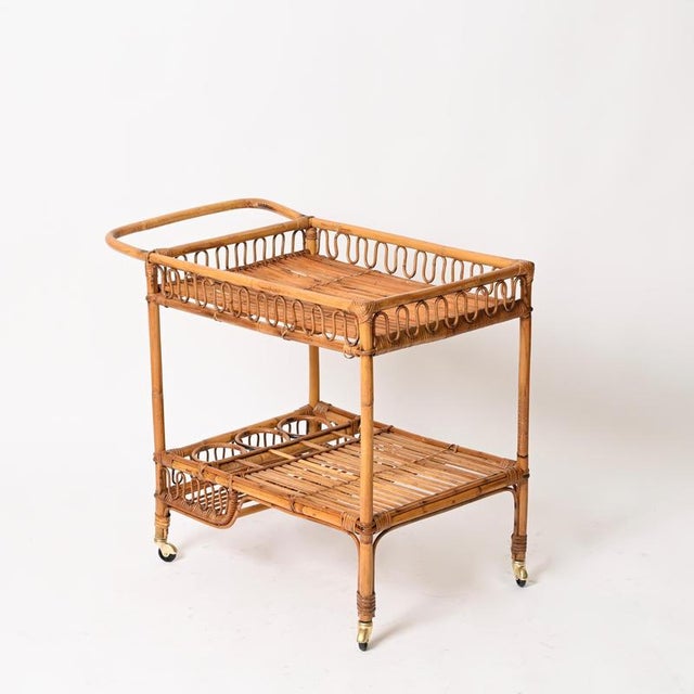 Vintage Italian Rattan and Wicker Serving Bar Cart by Franco Albini, Italy, 1960s For Sale - Image 13 of 15