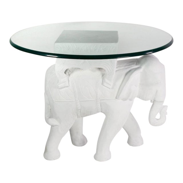 1970s Hollywood Regency White Gesso Solid Teak Elephant Side Table For Sale