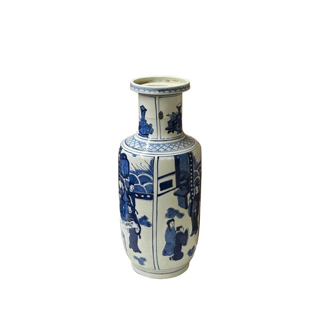 Oriental Blue White People House Gathering Graphic Porcelain Art Vase For Sale - Image 4 of 17