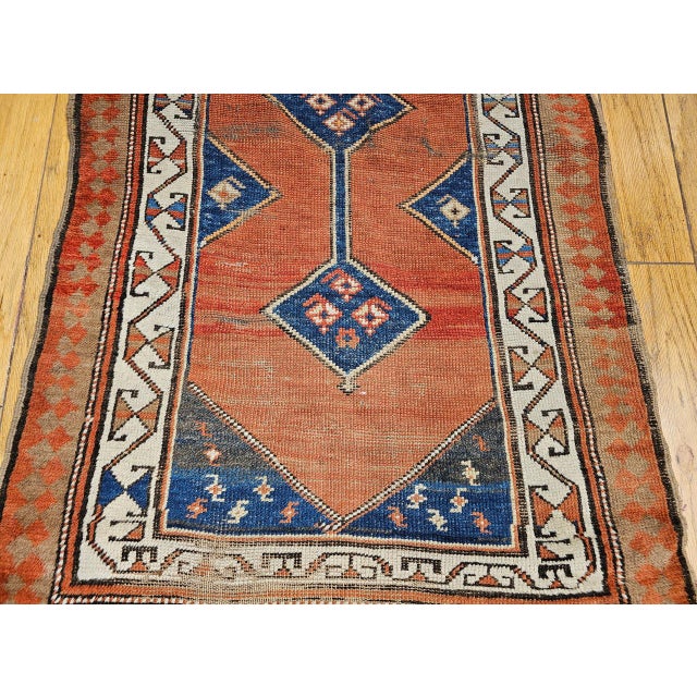 19th Century Persian Kurdish Runner Rug, Hand-Knotted Wool, Geometric Medallion Pattern, Terracotta & Navy, 3x12 For Sale - Image 14 of 16