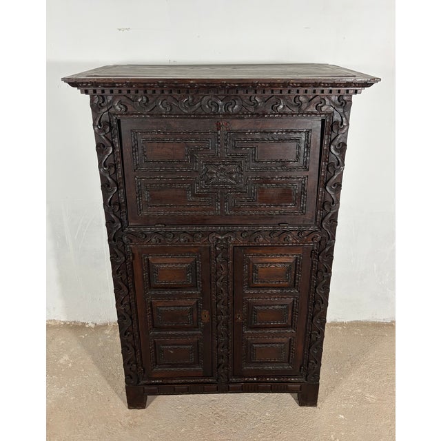 Antique Baroque Oak Fall-Front Cabinet with Deep Carved Decoration, 1880 For Sale - Image 6 of 18
