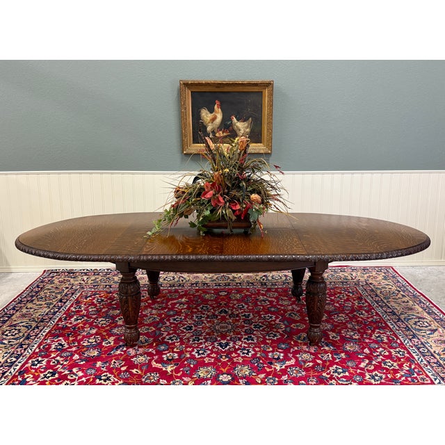 STUNNING Antique English Carved Honey Oak Butterfly Oval Dining Table ~~118.5" Wide~~c.1920s-30s This table has "the...