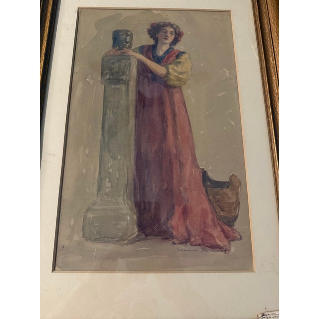 Antique Watercolor Classical Woman Art Nouveau Style Signed Framed Under Glass Original Art 21”t X 14.75”w For Sale - Image 12 of 12