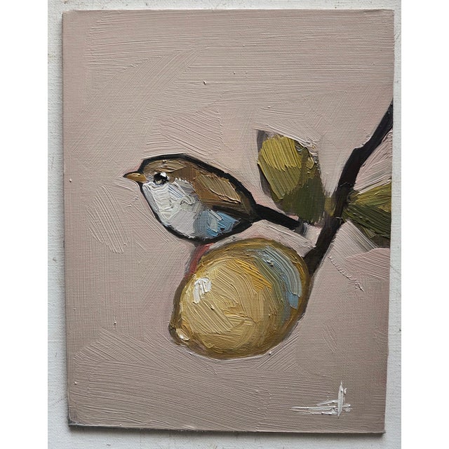 An impressionist oil painting of a wren bird on a lemon tree, by UK based artist Vivek Mandalia. Frame and hang in your...