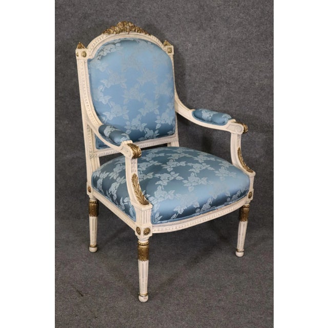 French French Carved Painted and Gilded Armchairs Blue Silk - A Pair For Sale - Image 3 of 12