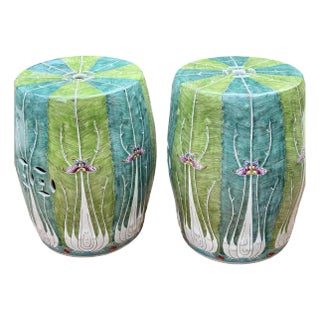 Garden Stools With Bok Choy Motif Hand-Painted Chinese Famille Verte Garden Stools, a Pair For Sale