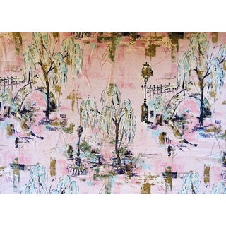 Vintage Mid Century Pink & Blue Toile Barkcloth Fabric Panels For Sale