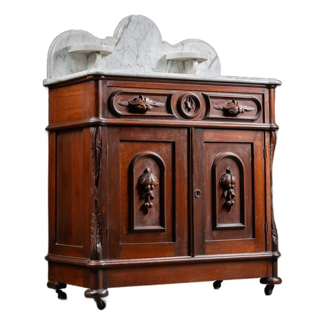 Late 19th Century Eastlake Victorian Walnut Commode Wash Stand With Marble Top For Sale