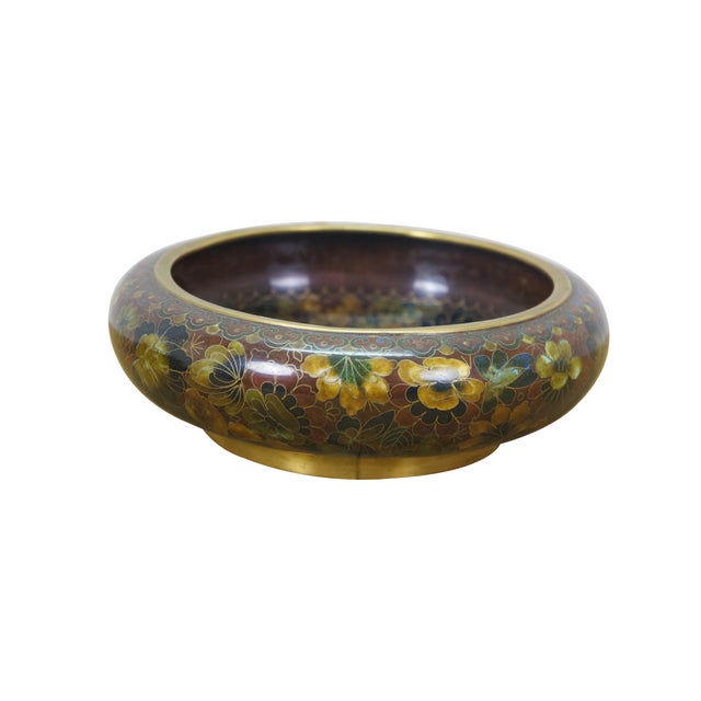 Chinese Mid 20th Century Chinese Cloisonne Enameled Brass Thousand Flowers Brush Bowl & Elm Stand For Sale - Image 3 of 13