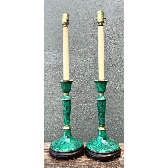 Vintage Green Lacquered Candlestick Table Lamps - Pair For Sale - Image 4 of 12
