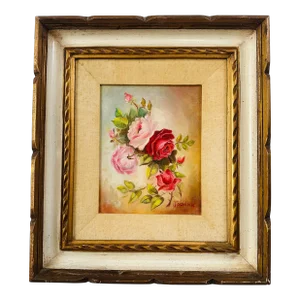 Vintage Oil on Canvas Floral Painting, Original Frame
